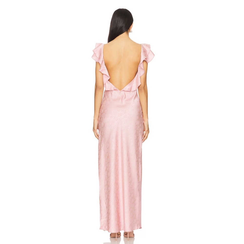 NWT More To Come Revolve Becky Ruffle Satin Jacquard Maxi Dress Dusty Pink Small - Picture 3 of 12